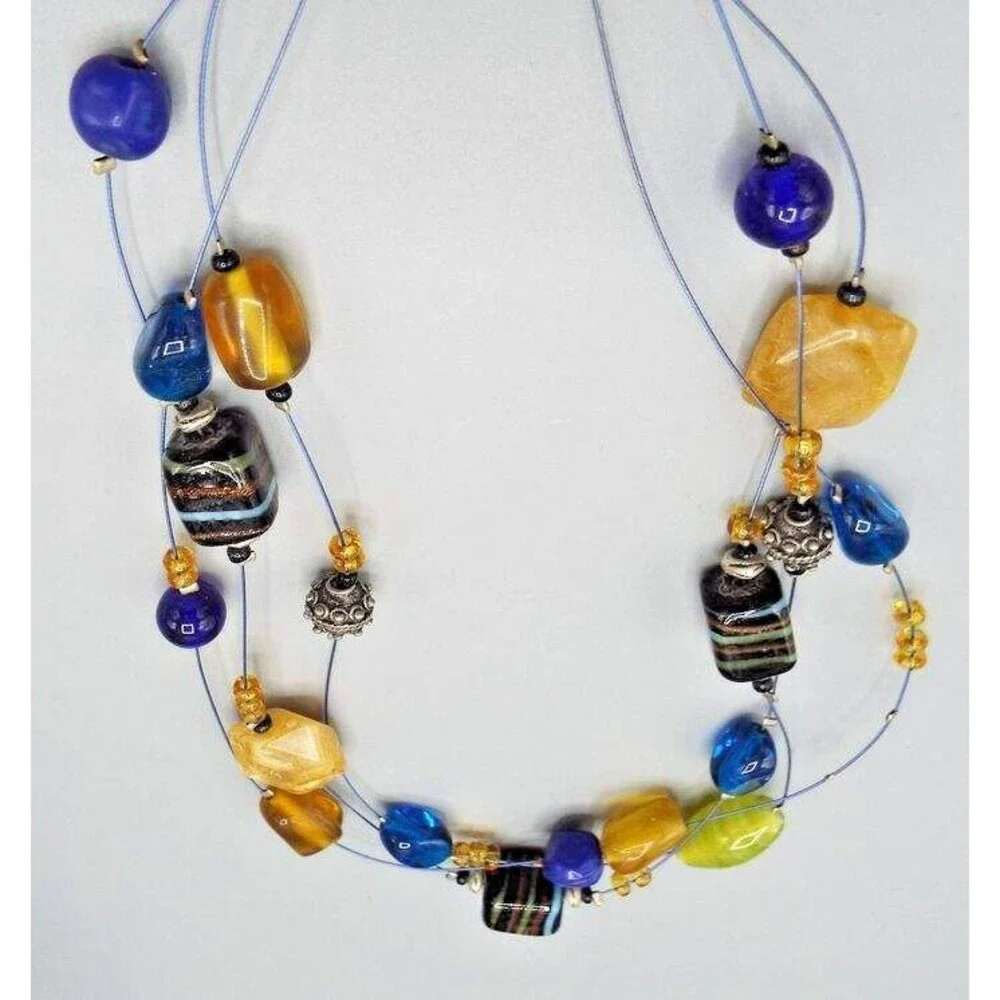 Chico's Bohemian Triple Strand Wire Glass Blue Citrine Bead Short 20